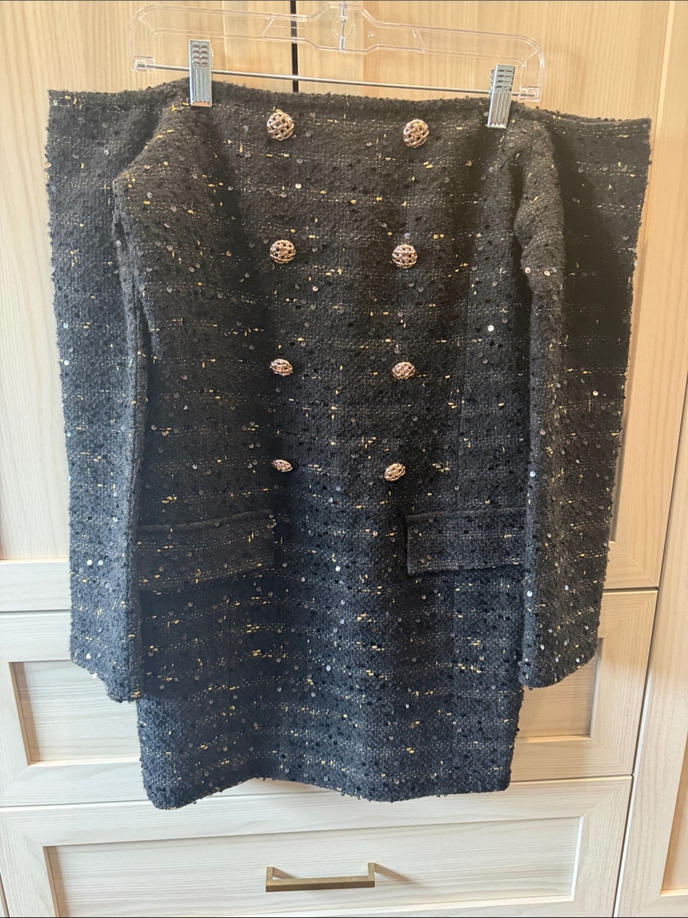 ENDLESS ROSE - Women's Black Tweed off-shoulder dress with Gold Accents dress